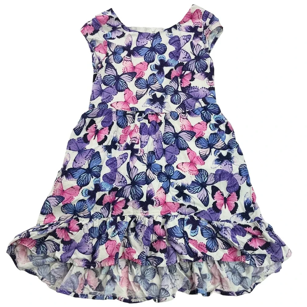 The Children's Place White Purple Butterfly Dress Kids Size 6 Ruffle Cap Sleeve